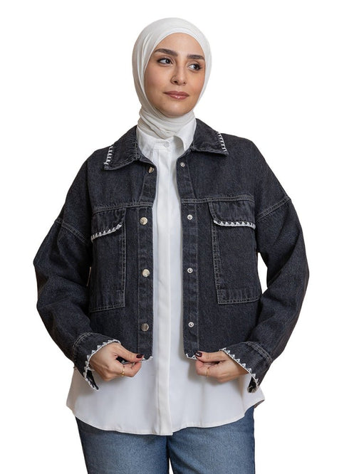 Black Embroidered - Jacket Jeans - Khotwh