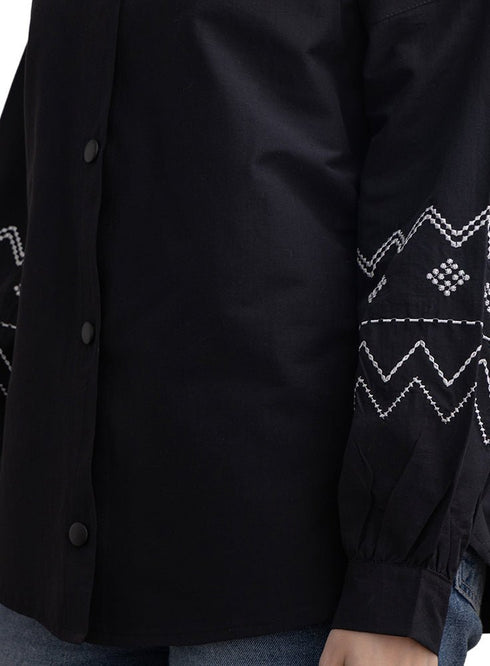 Black Embroidered Poplin Shirt - Khotwh