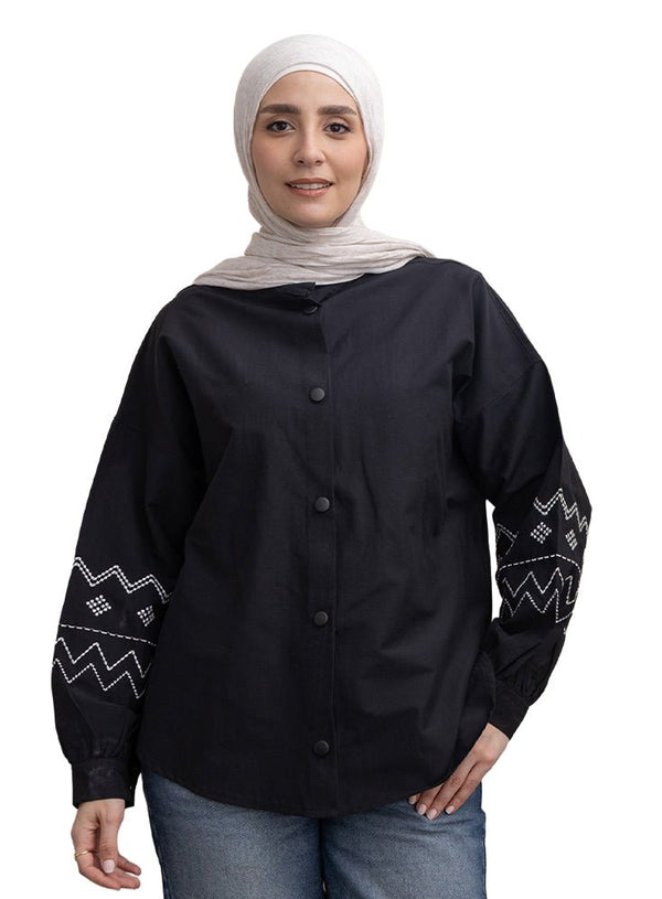 Black Embroidered Poplin Shirt - Khotwh