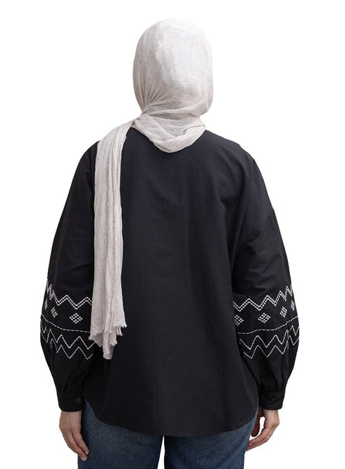 Black Embroidered Poplin Shirt - Khotwh