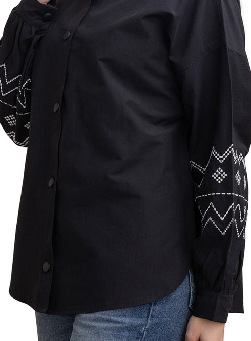 Black Embroidered Poplin Shirt - Khotwh