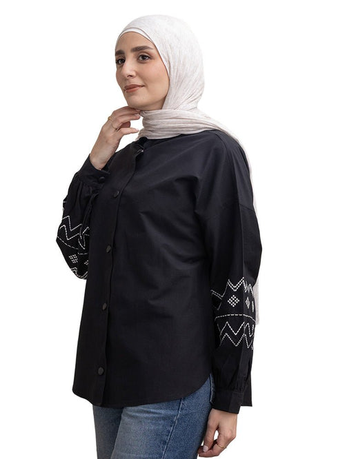Black Embroidered Poplin Shirt - Khotwh