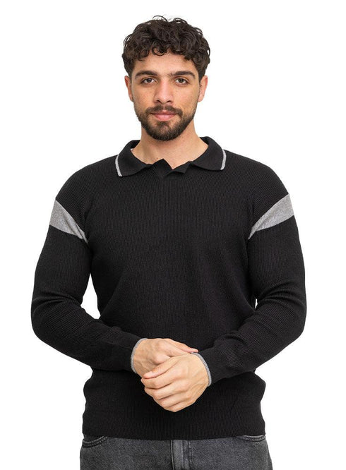 Black F - Striped Polo Neck Pullover Design 1 - Khotwh