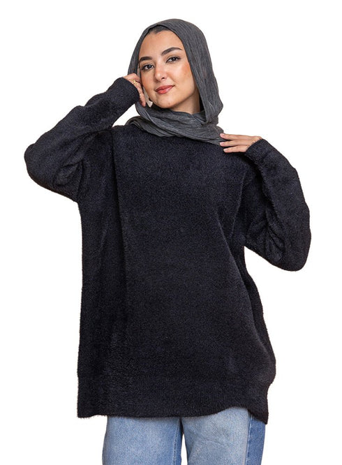 Black Fluffy Over Size Pullover - Khotwh