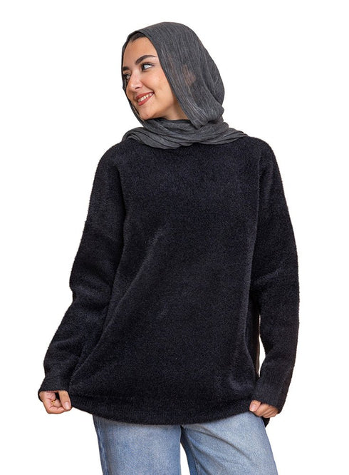 Black Fluffy Over Size Pullover - Khotwh