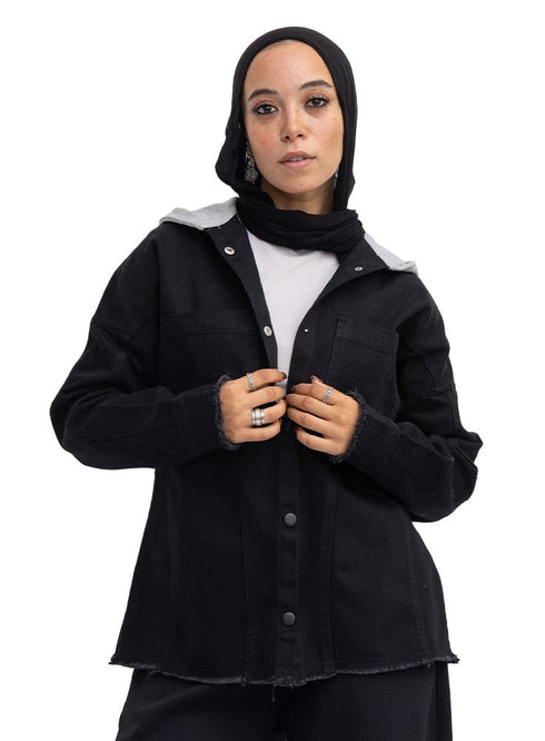 Black Hoodie Gabardine Jacket - Khotwh