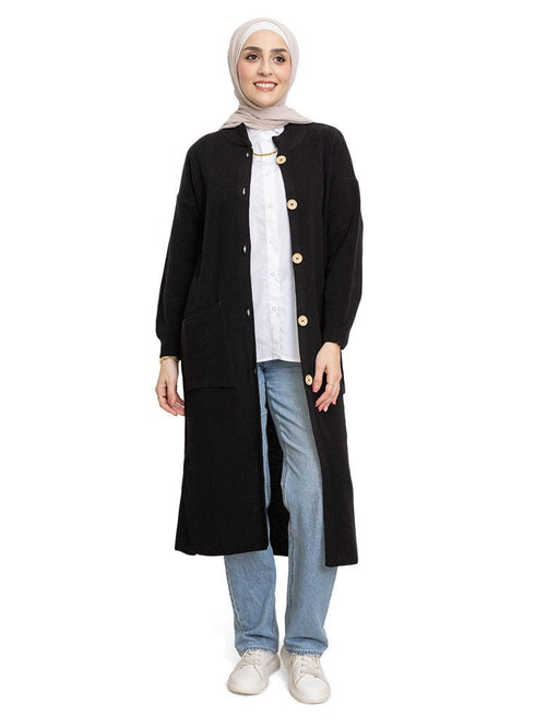 Black Long buttons Cardigan - Khotwh