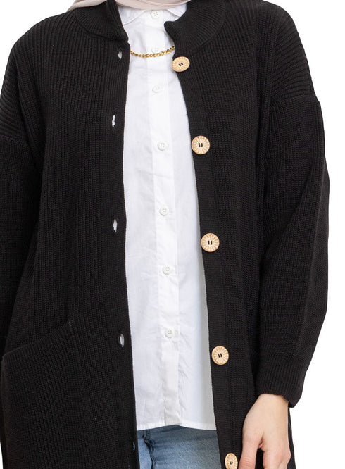 Black Long buttons Cardigan - Khotwh