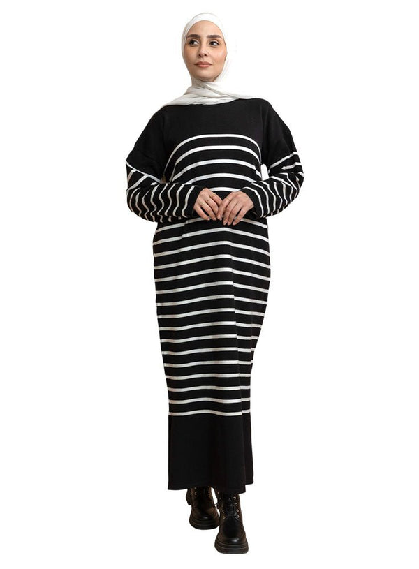 Black Long - Striped Dress - Khotwh