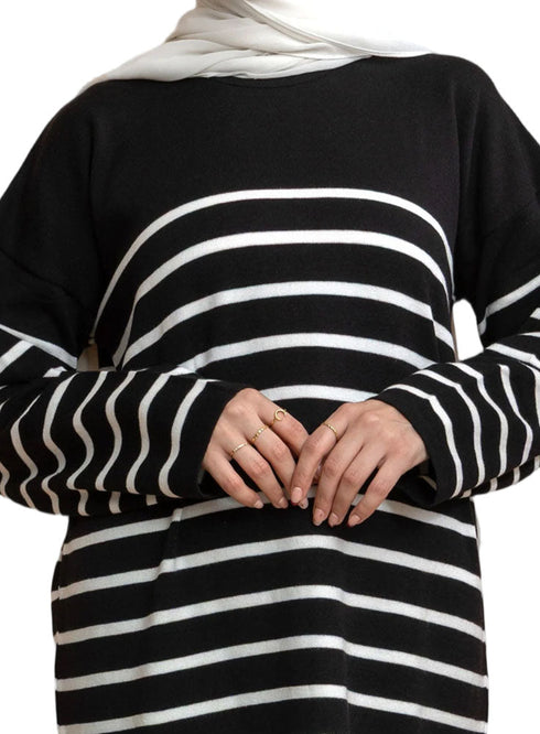 Black Long - Striped Dress - Khotwh