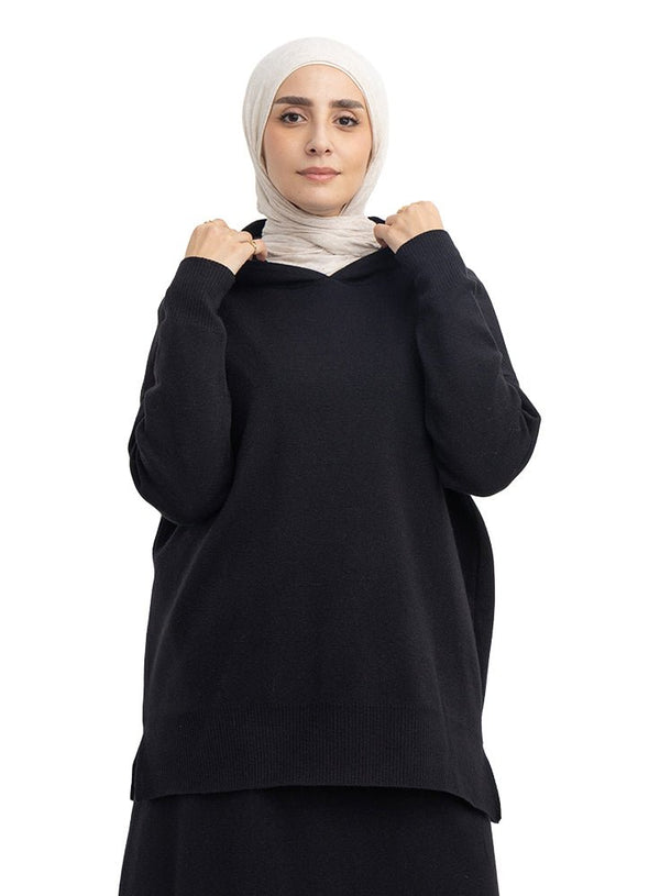 Black Over Size Knitted Hoodie - Khotwh