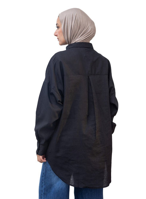 Black Pocket Over Size Linen Shirt - Khotwh