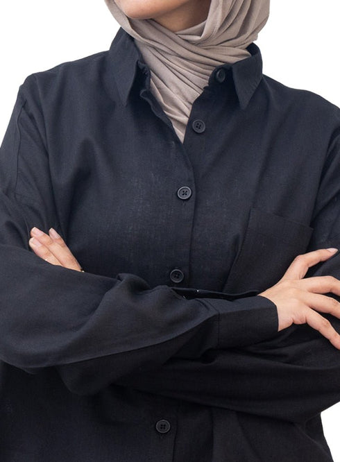 Black Pocket Over Size Linen Shirt - Khotwh
