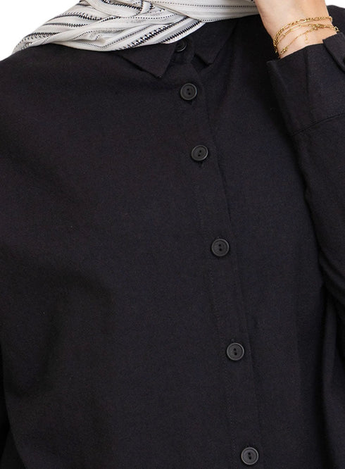 Black Pocket Over Size Linen Shirt - Khotwh