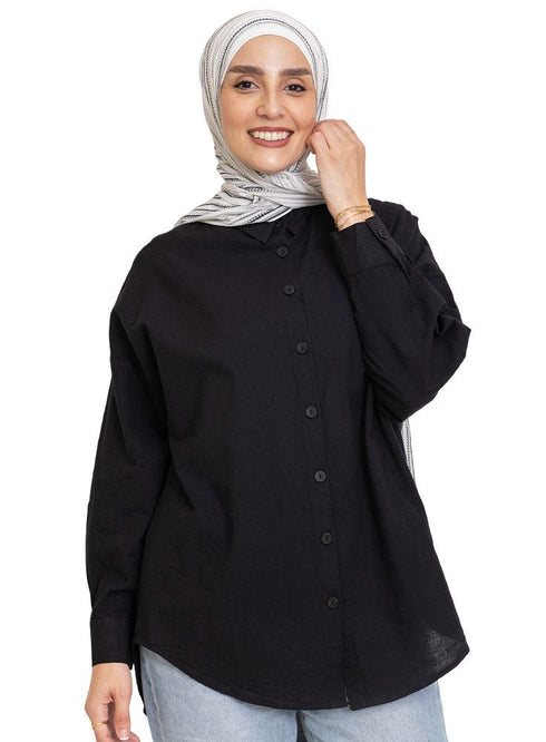 Black Pocket Over Size Linen Shirt - Khotwh