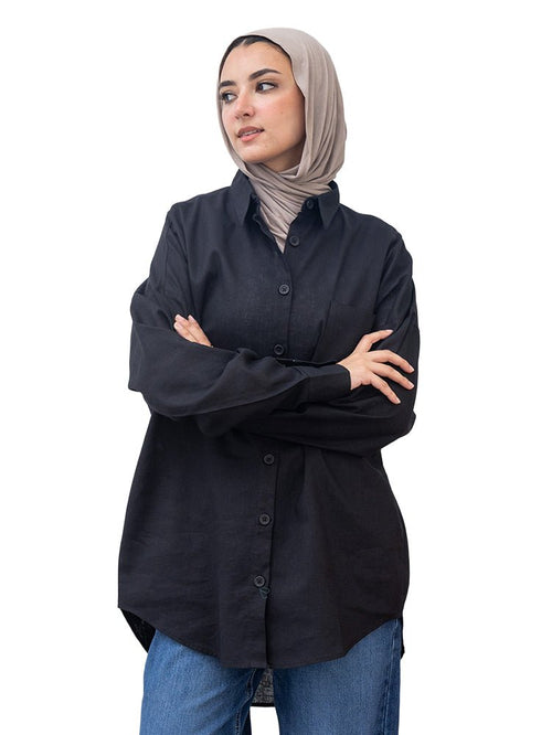 Black Pocket Over Size Linen Shirt - Khotwh