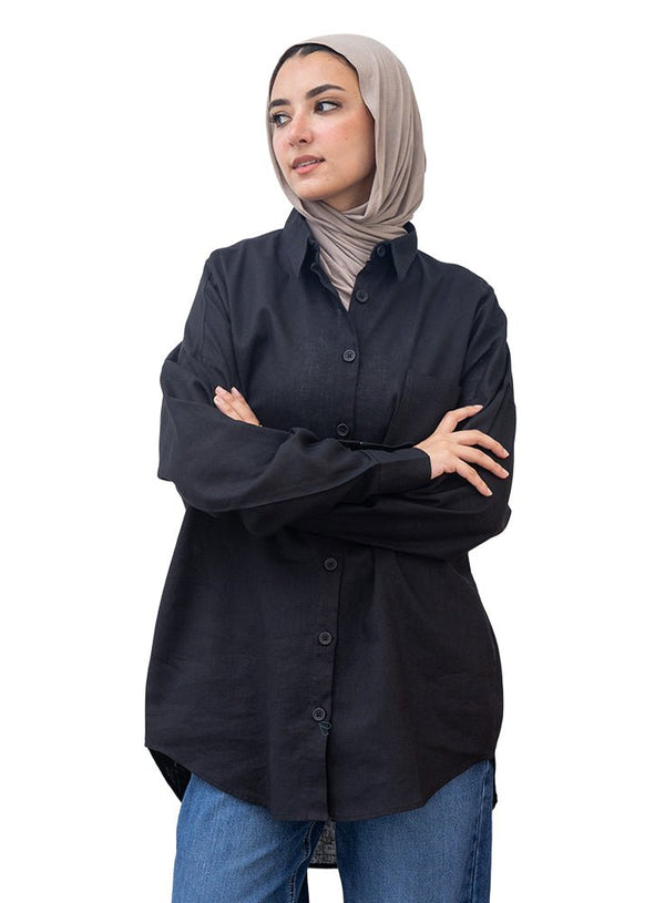 Black Pocket Over Size Linen Shirt - Khotwh