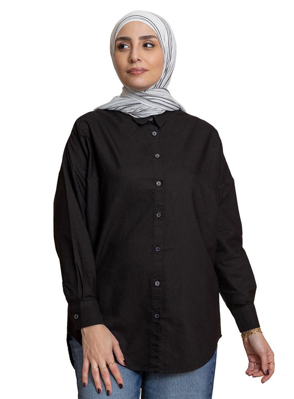 Black Pocket Over Size Linen Shirt - Khotwh