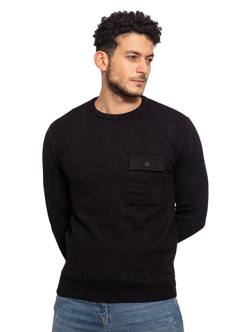 Black Pocket Round Pullover - Khotwh