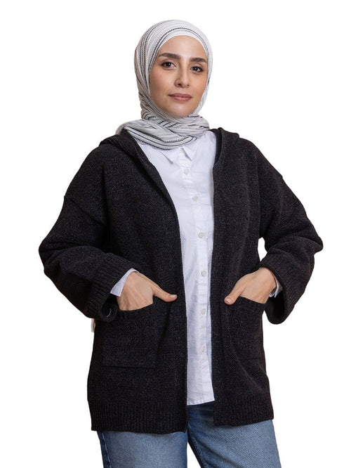 Black Pocket Velvet Cardigan - Khotwh