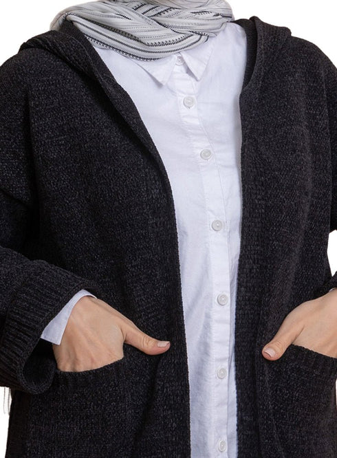 Black Pocket Velvet Cardigan - Khotwh