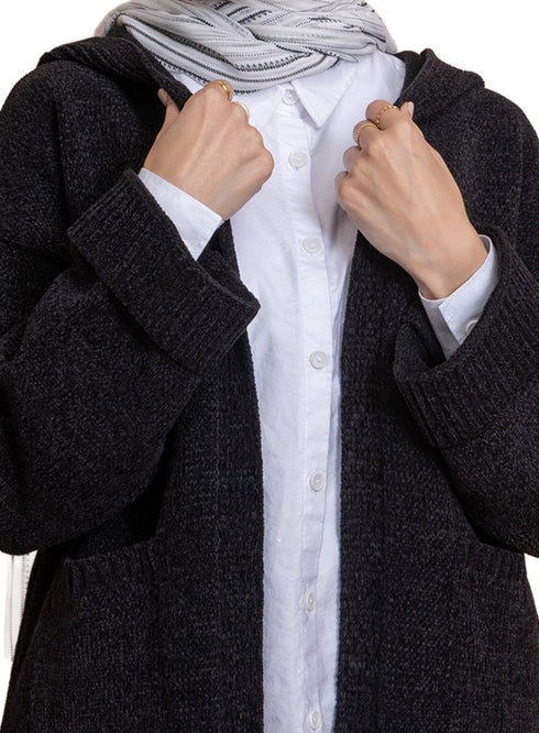 Black Pocket Velvet Cardigan - Khotwh