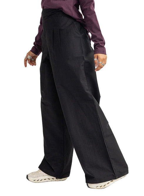 Black Poplin Wide Leg Pants - Khotwh