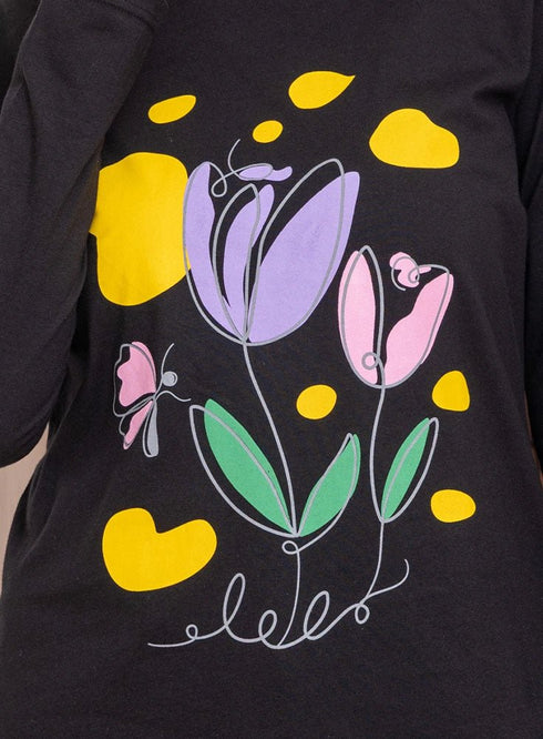 Black Printed Long - Sleeve Design 24 - Khotwh