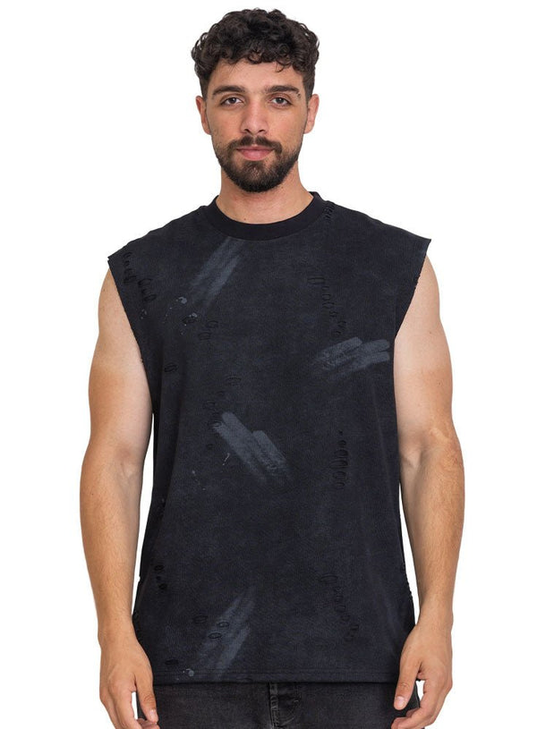 Black Printed Sleeveless T-Shirt - Khotwh