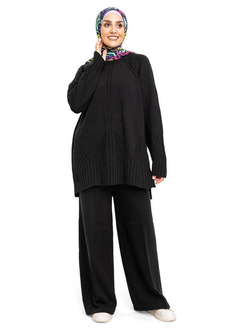 Black Ribbed Knit Suit - Khotwh
