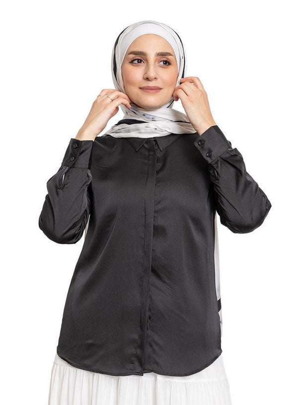 Black Satin Collar Blouse - Khotwh