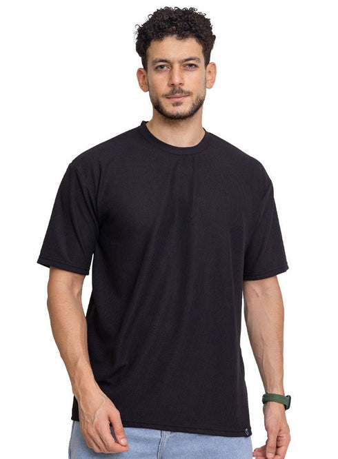 Black Waffle Over Size Round T-Shirt - Khotwh