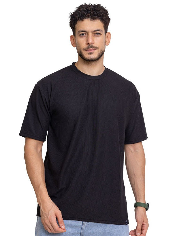 Black Waffle Over Size Round T-Shirt - Khotwh