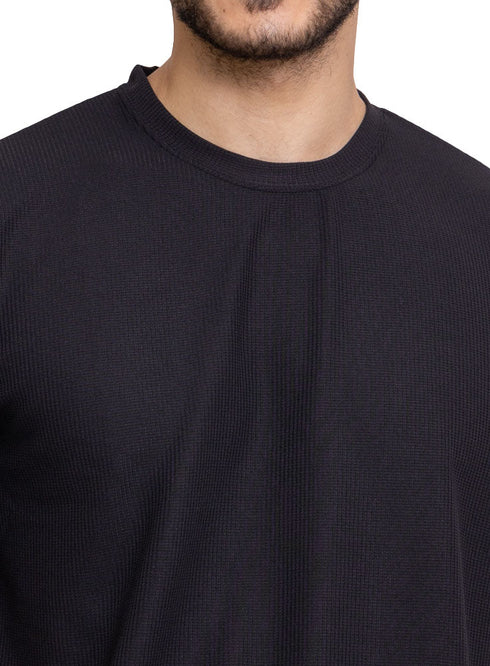 Black Waffle Over Size Round T-Shirt - Khotwh