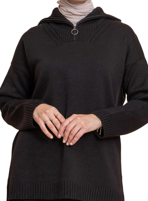 Black Zipper knitted Suit - Khotwh