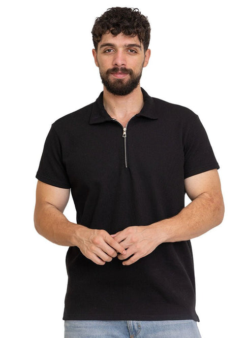 Black Zipper Squares Polo Neck T-Shirt - Khotwh