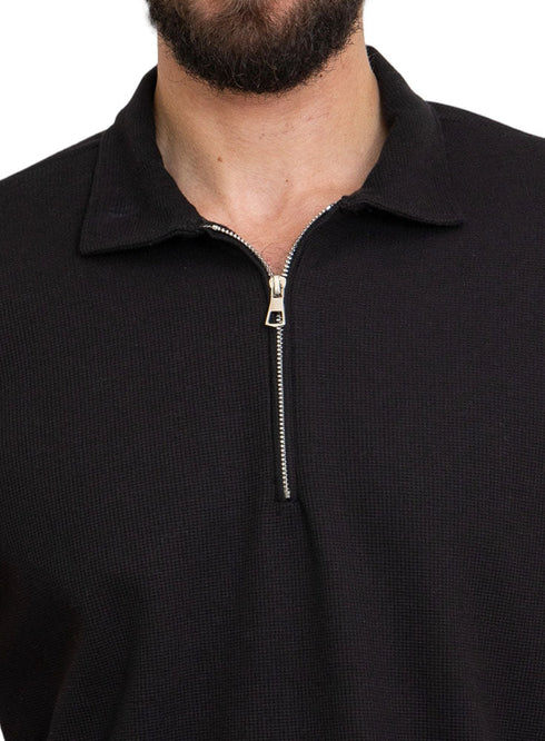 Black Zipper Squares Polo Neck T-Shirt - Khotwh