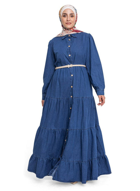 Blue Button Denim Dress - Khotwh