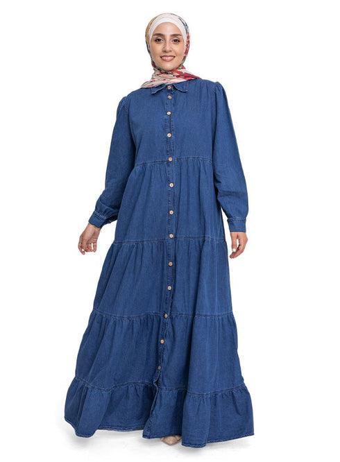 Blue Button Denim Dress - Khotwh