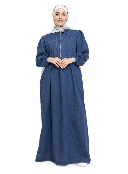 Blue Zipper Denim Dress - Khotwh