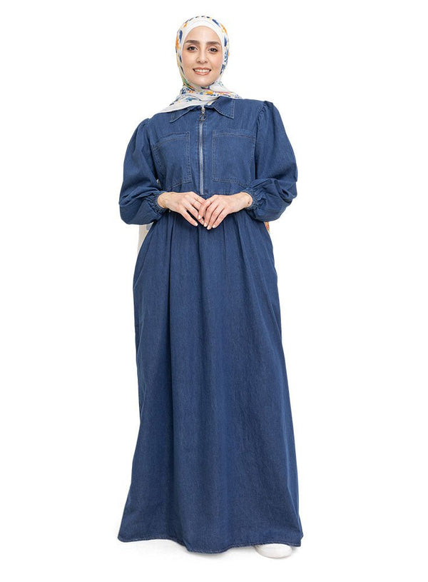 Blue Zipper Denim Dress - Khotwh