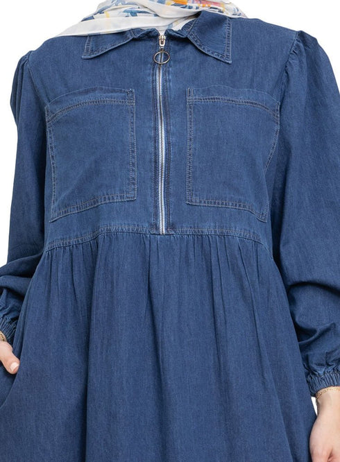 Blue Zipper Denim Dress - Khotwh