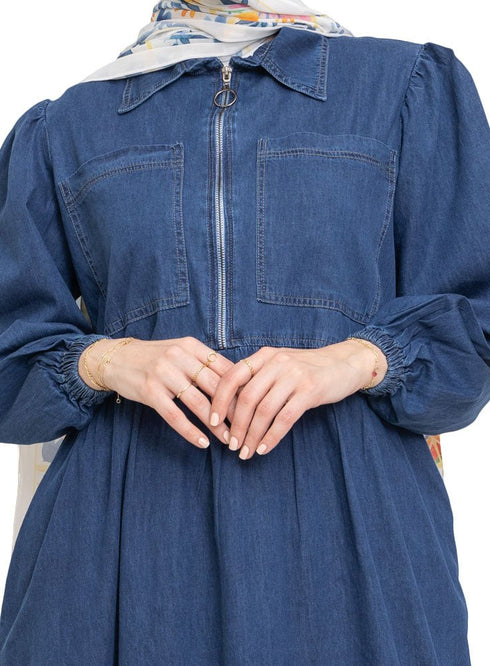 Blue Zipper Denim Dress - Khotwh