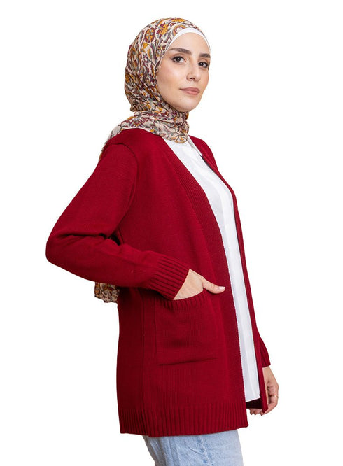 Brick Red Basic Pocket Cardigan - Khotwh
