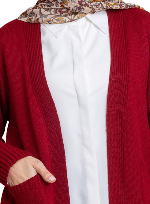 Brick Red Basic Pocket Cardigan - Khotwh