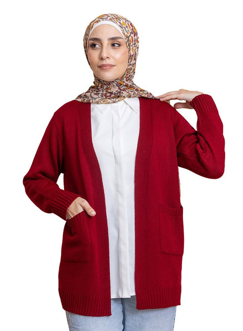 Brick Red Basic Pocket Cardigan - Khotwh