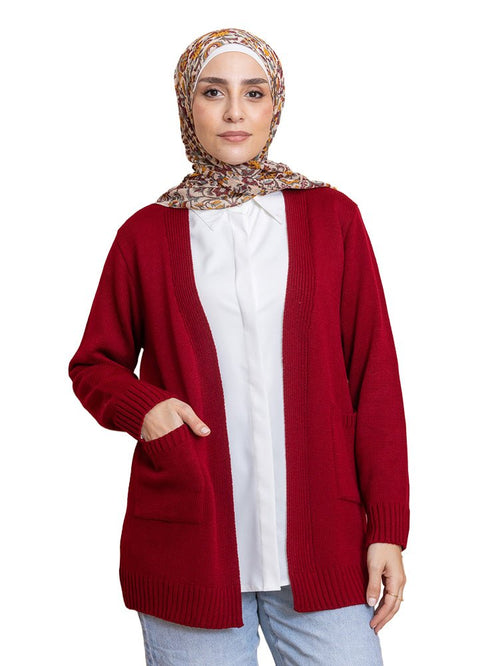 Brick Red Basic Pocket Cardigan - Khotwh