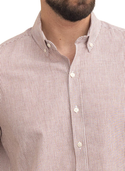 Brick Red-Design 1 Striped Linen Shirt - Khotwh