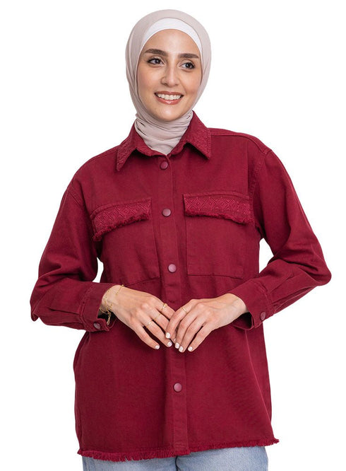 Brick Red Embroidered Gabardine Shirt - Khotwh