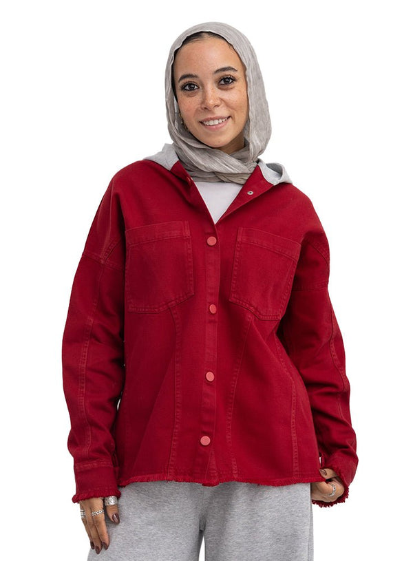 Brick Red Hoodie Gabardine Jacket - Khotwh